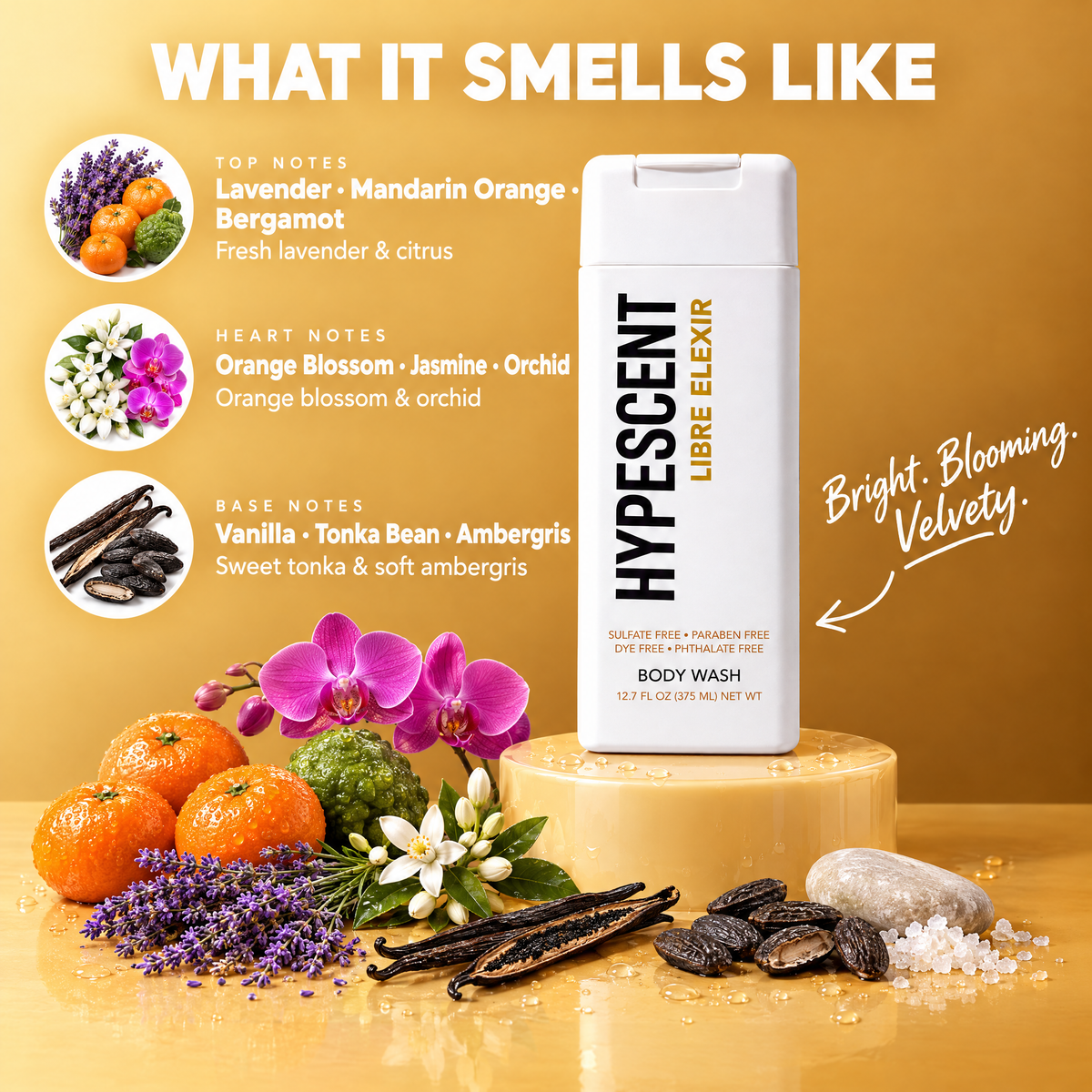 HYPESCENT Libre Elexir body wash scent notes. Top notes: Lavender, Mandarin Orange, Bergamot. Heart notes: Orange Blossom, Jasmine, Orchid. Base notes: Vanilla, Tonka Bean, Ambergris