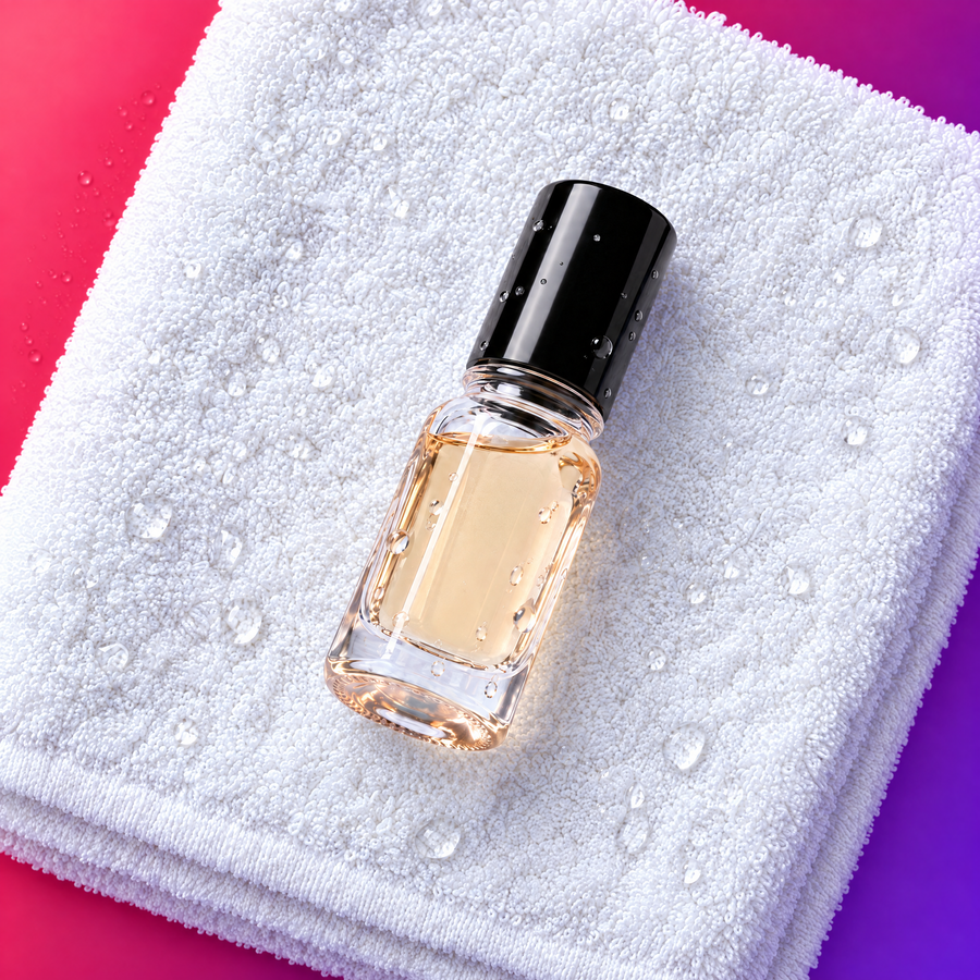 HYPESCENT Boozy Cherry roll-on perfume oil lying on a white towel with water droplets