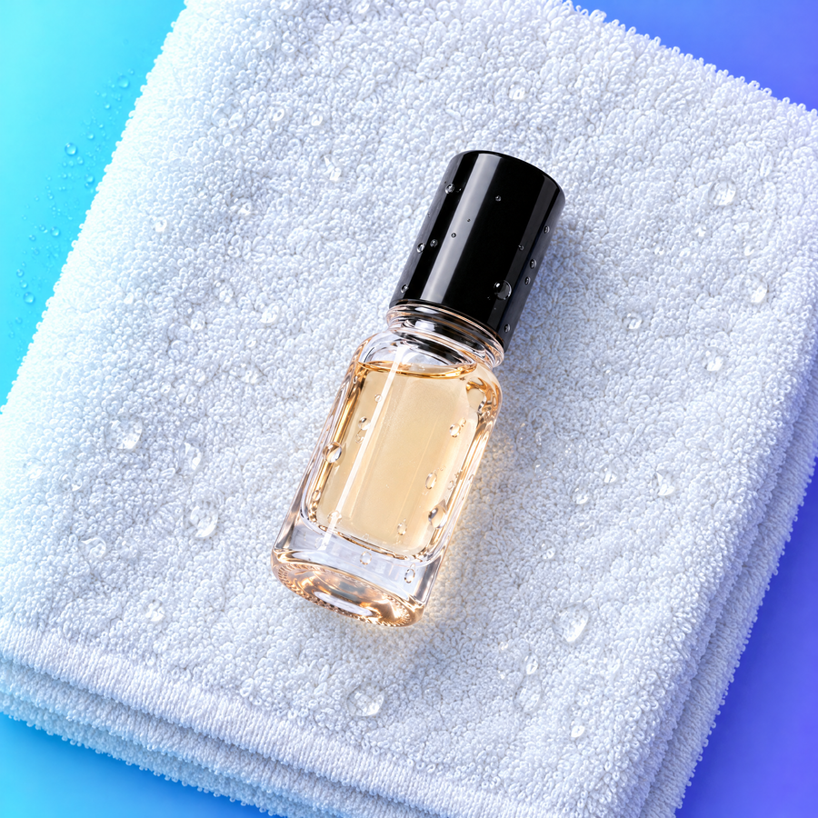 HYPESCENT Imagine roll-on perfume oil lying on a white towel with water droplets