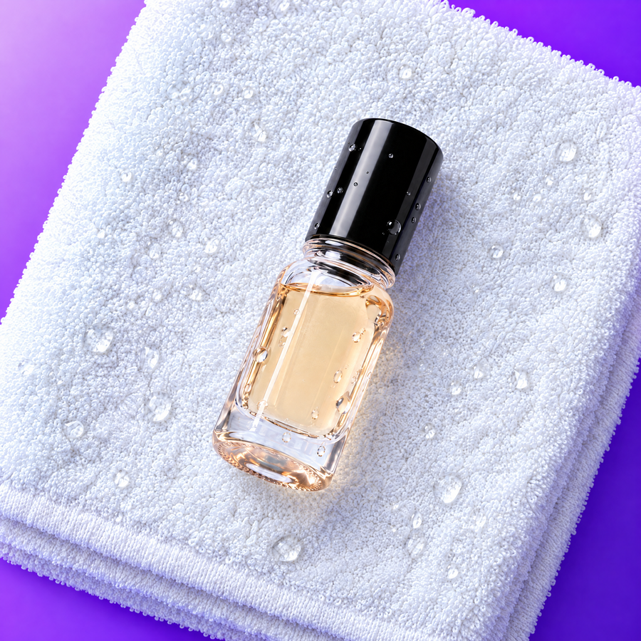 HYPESCENT Intenso Roma roll-on perfume oil lying on a white towel with water droplets