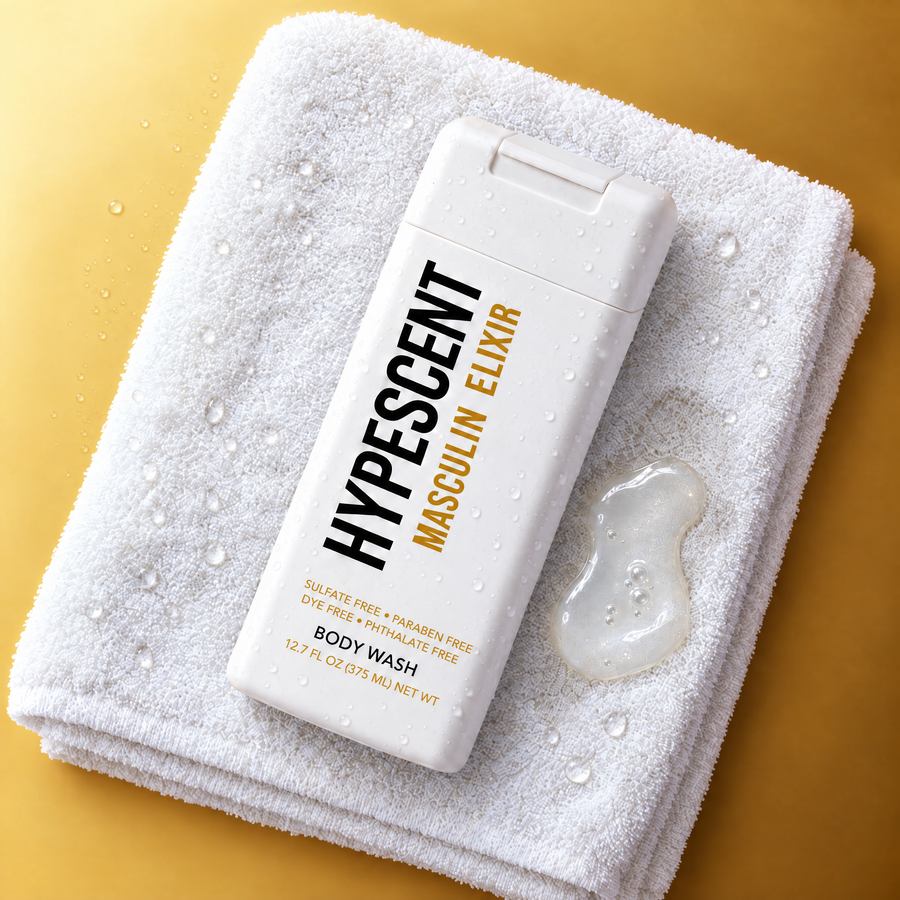 HYPESCENT Masculin Elixir body wash bottle on a white towel next to a drop of clear gel