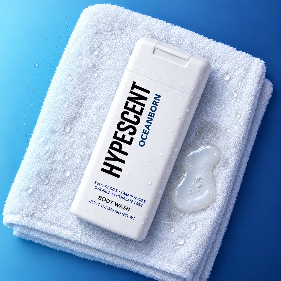 HYPESCENT Oceanborn body wash bottle on a white towel next to a drop of clear gel