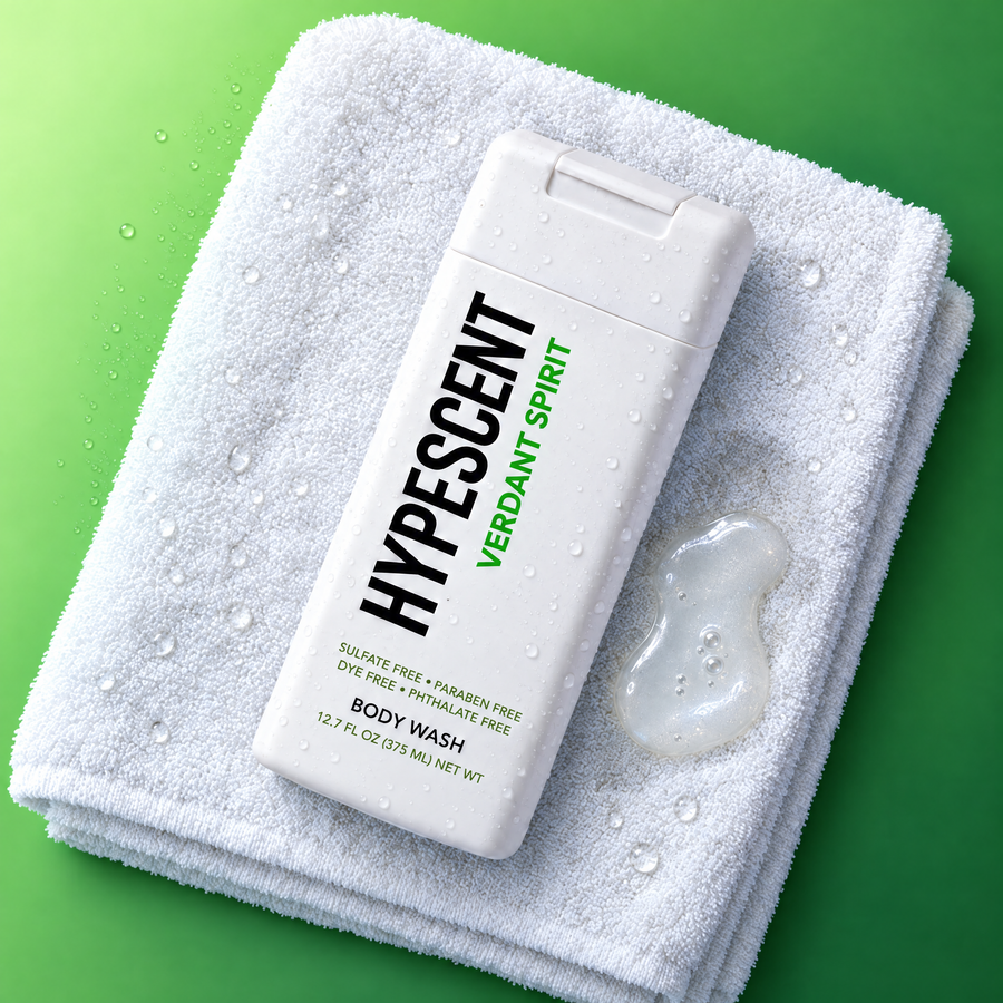 HYPESCENT Verdant Spirit body wash bottle on a white towel next to a drop of clear gel