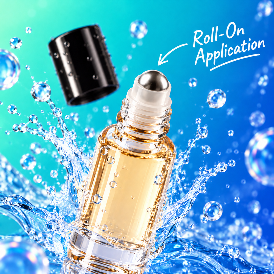 HYPESCENT Ocean Breeze roll-on perfume oil, cap off, showing the metal roller ball in a water splash