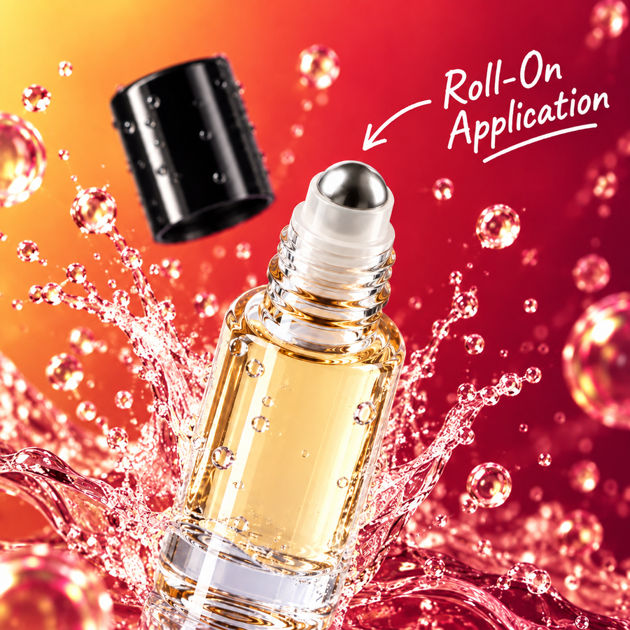 HYPESCENT Rouge 640 roll-on perfume oil, cap off, showing the metal roller ball in a water splash