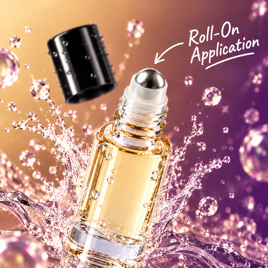HYPESCENT Vanilla Tabac roll-on perfume oil, cap off, showing the metal roller ball in a water splash
