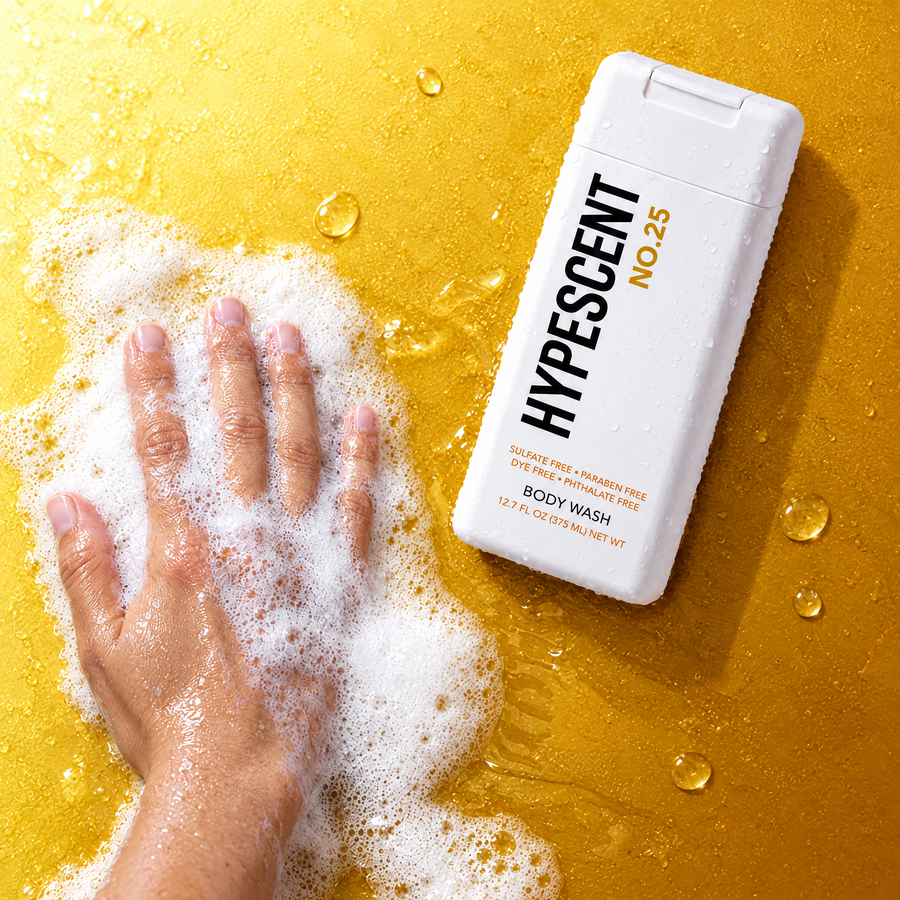Hand lathering HYPESCENT No. 25 body wash into a rich foam