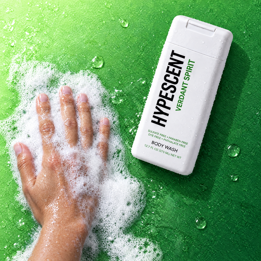 Hand lathering HYPESCENT Verdant Spirit body wash into a rich foam
