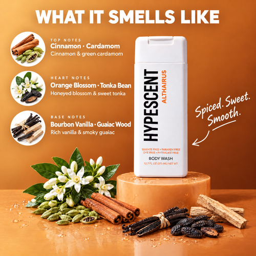 HYPESCENT Althaïrus body wash scent notes. Top notes: Cinnamon, Cardamom. Heart notes: Orange Blossom, Tonka Bean. Base notes: Bourbon Vanilla, Guaiac Wood