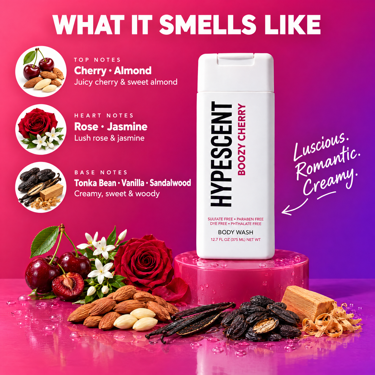 HYPESCENT Boozy Cherry body wash scent notes. Top notes: Cherry, Almond. Heart notes: Rose, Jasmine. Base notes: Tonka Bean, Vanilla, Sandalwood