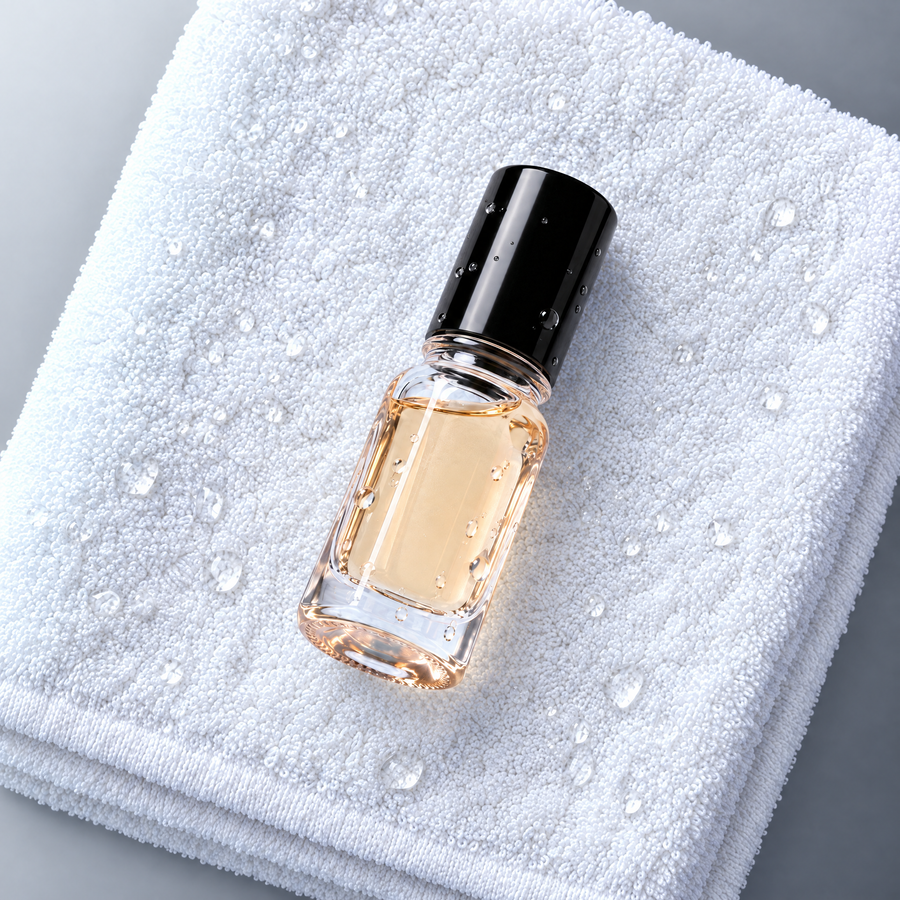 HYPESCENT Aventerum roll-on perfume oil lying on a white towel with water droplets