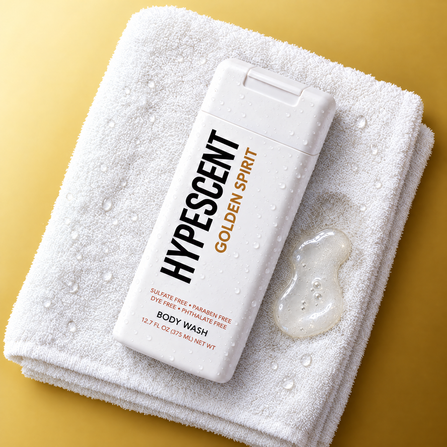HYPESCENT Golden Spirit body wash bottle on a white towel next to a drop of clear gel