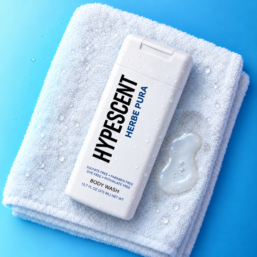 HYPESCENT Herbe Pura body wash bottle on a white towel next to a drop of clear gel