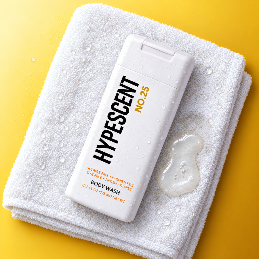 HYPESCENT No. 25 body wash bottle on a white towel next to a drop of clear gel