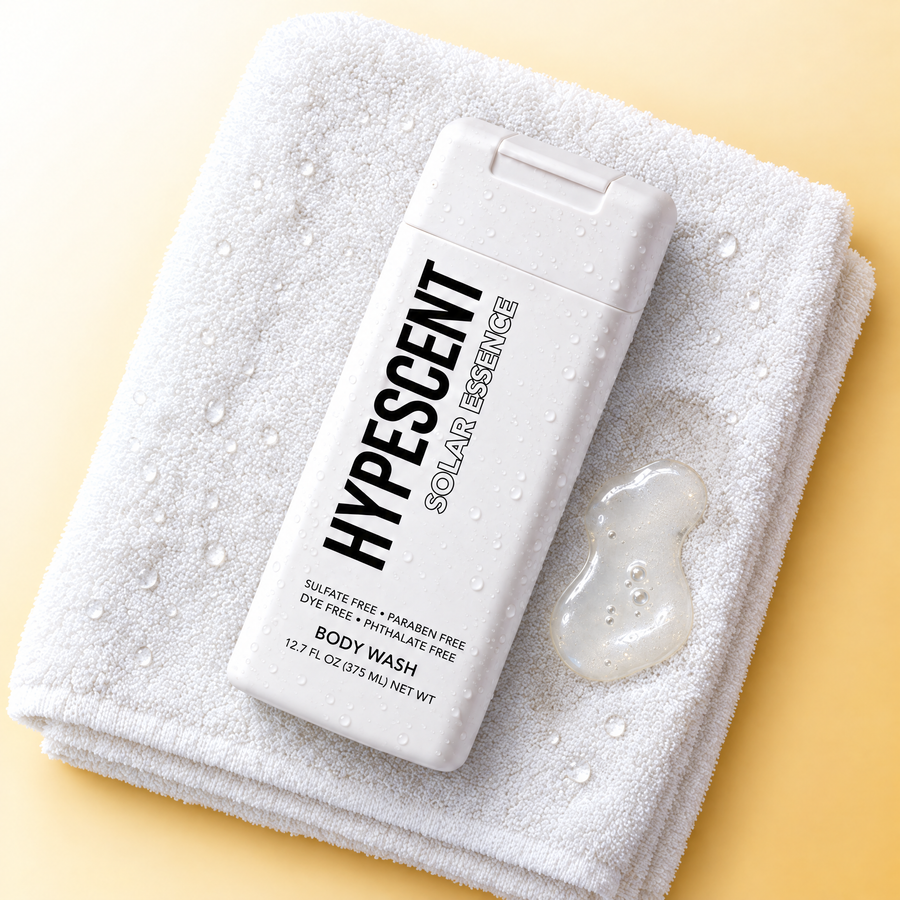 HYPESCENT Solar Essence body wash bottle on a white towel next to a drop of clear gel