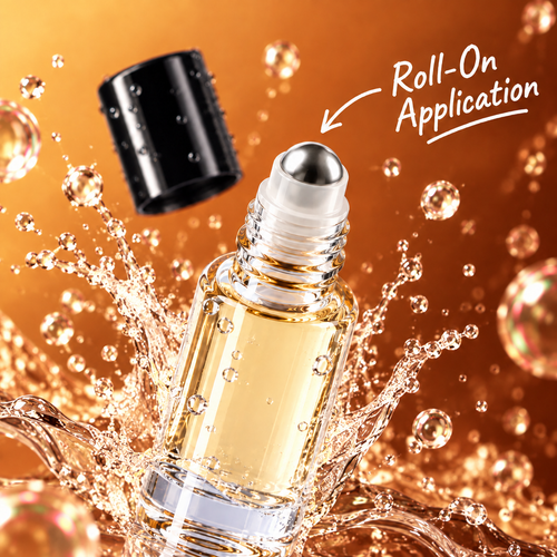 HYPESCENT Althaïrus roll-on perfume oil, cap off, showing the metal roller ball in a water splash