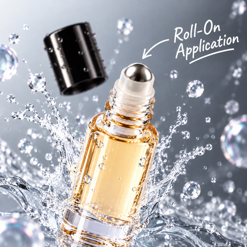 HYPESCENT Aventerum roll-on perfume oil, cap off, showing the metal roller ball in a water splash