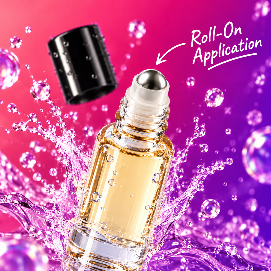 HYPESCENT Boozy Cherry roll-on perfume oil, cap off, showing the metal roller ball in a water splash