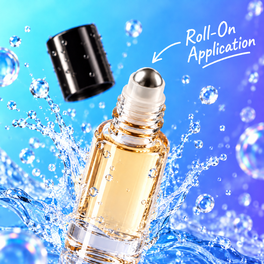 HYPESCENT Imagine roll-on perfume oil, cap off, showing the metal roller ball in a water splash