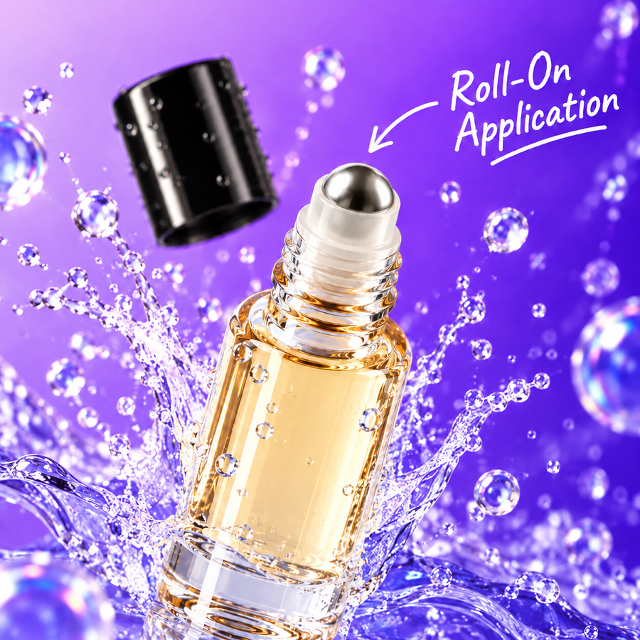 HYPESCENT Intenso Roma roll-on perfume oil, cap off, showing the metal roller ball in a water splash