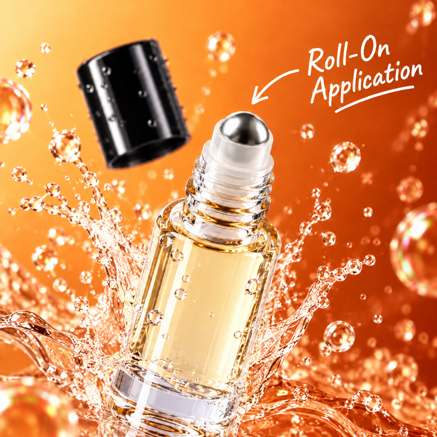 HYPESCENT Paradoxal roll-on perfume oil, cap off, showing the metal roller ball in a water splash