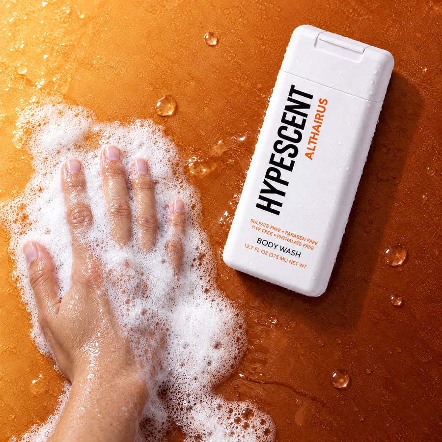 Hand lathering HYPESCENT Althaïrus body wash into a rich foam
