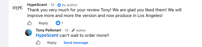 Facebook reply from Tony: can't wait to order more!