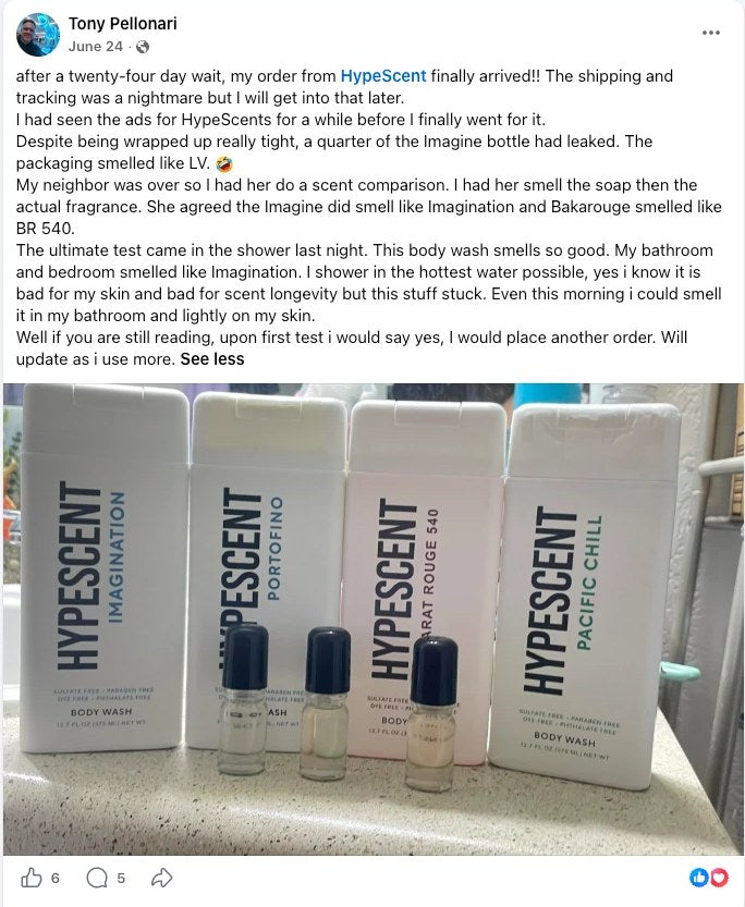 Facebook post by Tony with a photo of four HypeScent body washes: This body wash smells so good.