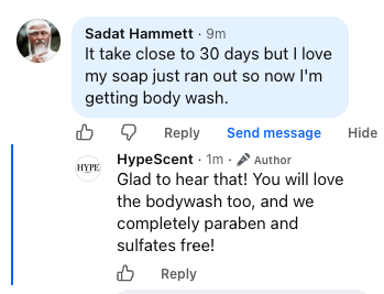 Facebook comment from Sadat: I love my soap, just ran out so now I'm getting body wash.